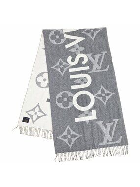 Louis Vuitton Echarpe Monogram Capital Cashmere Wool Scarf with Fringe Gray Off